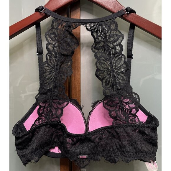 Victoria Secret Pink Date Push Up Bra Women 32B Lace Black Racerback Front Close - Picture 2 of 7